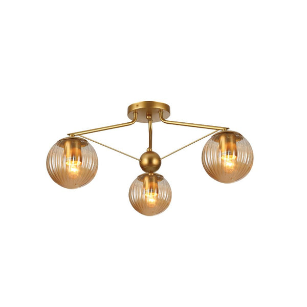 Amber Reeded Globe Gold Semi Flush Ceiling Light E27
