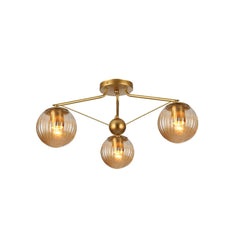 Amber Reeded Globe Gold Semi Flush Ceiling Light E27