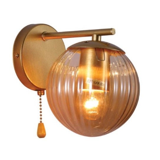 Amber Reeded Globe Gold Wall Light E27 Pull Down Switch