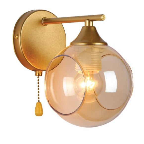 Amber Sides Open Globe Glass Gold Wall Light E27 Pull Down Switch