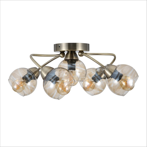 Antique Brass Amber Glass Semi Flush Ceiling Light