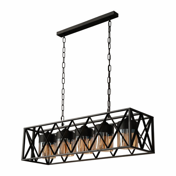 Black Caged Metal Amber Cylinder Glass Island Chandelier Ceiling Light 5xE27