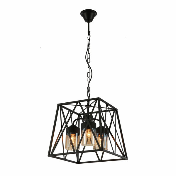 Black Metal Body Amber Cylinder Glass Cage Cuboid Chandelier Ceiling Light 3xE27