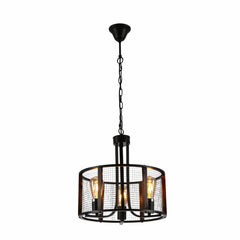 Black Metal Natural Wood Cylinder Cage Pendant Ceiling Light 3xE27