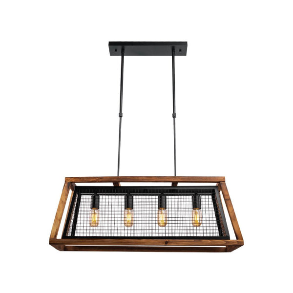 Black Metal Old Wood Cuboid Island Chandelier Ceiling Light 4xE27