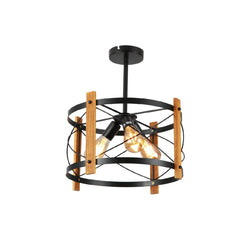 Caged Candle Industrial Retro Round Pendant Ceiling Light 3xE27 Wood Black Finishing