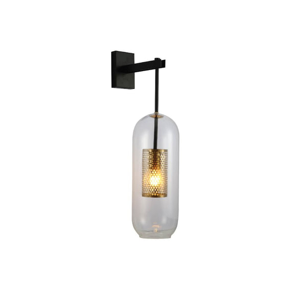 Clear Cylinder Glass Gold Cage Black Body Wall Light E27 Fitting