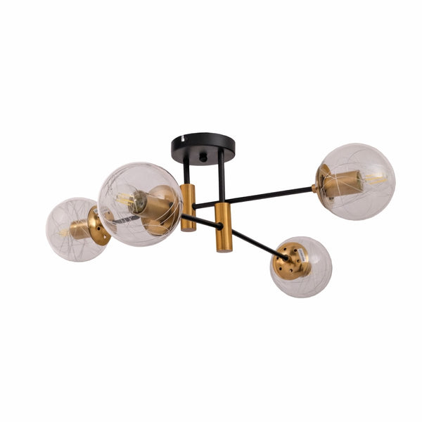 Opal Clear Amber Glass Globe Gold and Black Metal Semi Flush Ceiling Light E27