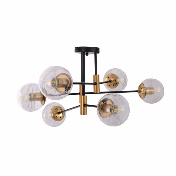 Opal Clear Amber Glass Globe Gold and Black Metal Semi Flush Ceiling Light E27