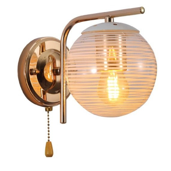 Clear Textured Globe Gold Wall Light E27 Pull Down Switch