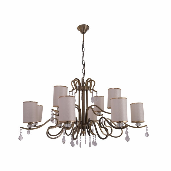 Cream Shade Antique Brass Metal Arm Ceiling Chandelier Light with Pendeloque Crystals E14