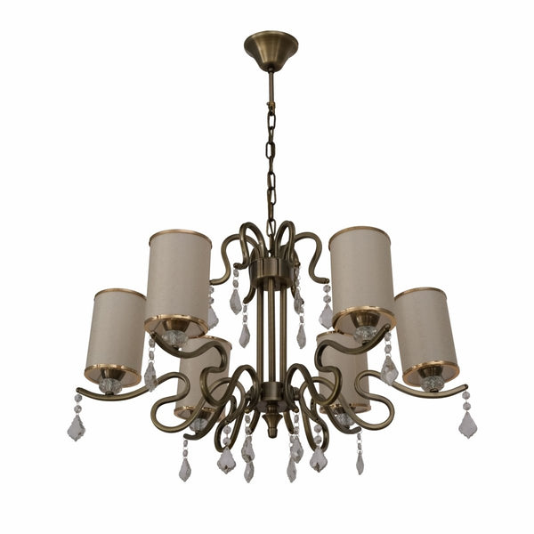 Cream Shade Antique Brass Metal Arm Ceiling Chandelier Light with Pendeloque Crystals E14