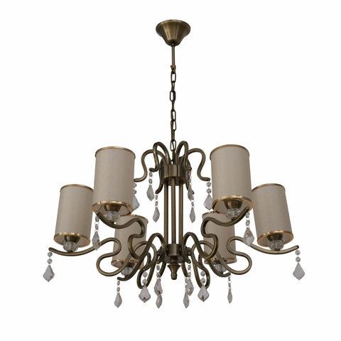 Cream Shade Antique Brass Metal Arm Ceiling Chandelier Light with Pendeloque Crystals E14