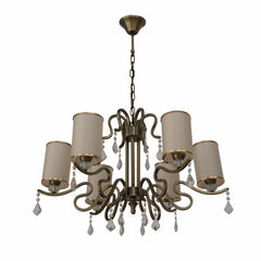 Cream Shade Antique Brass Metal Arm Ceiling Chandelier Light with Pendeloque Crystals E14