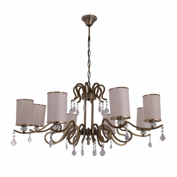 Cream Shade Antique Brass Metal Arm Ceiling Chandelier Light with Pendeloque Crystals E14