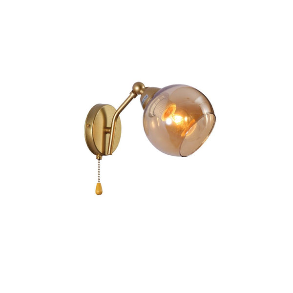 Gold Hinged Metal Amber Dome Glass Wall Light E27 Pull Down Switch