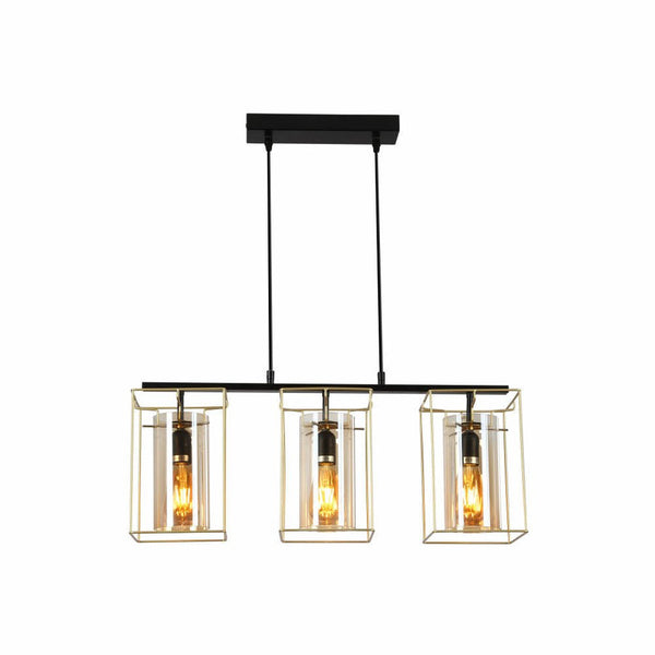 TEKLED Gold Metal Cage Amber Cylinder Glass Pendant or Island Ceiling Light E27 Fitting - Single or Triple