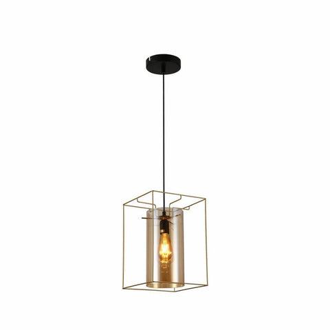 TEKLED Gold Metal Cage Amber Cylinder Glass Pendant or Island Ceiling Light E27 Fitting - Single or Triple