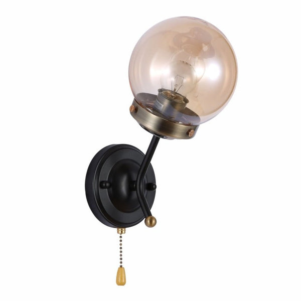Amber Glass Antique Brass and Black Globe Wall Light E27 Fitting and Pull Down Switch