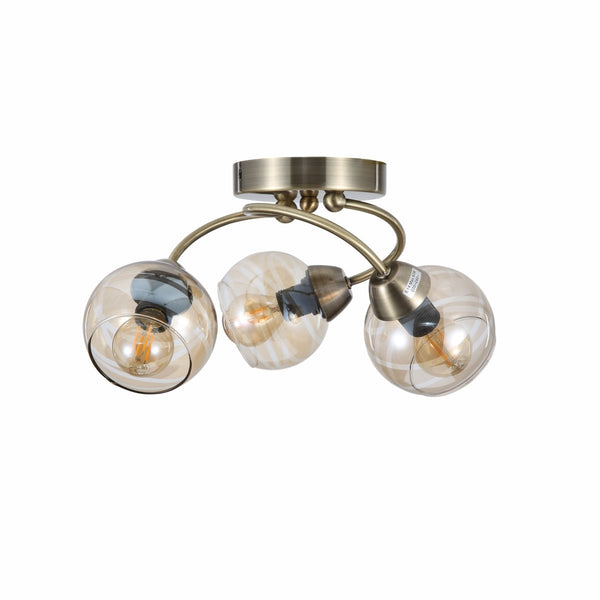 Antique Brass Amber Glass Semi Flush Ceiling Light