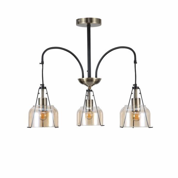 Amber Glass Black and Antique Brass Suspended Chandelier Ceiling Light E27