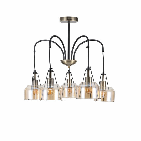 Amber Glass Black and Antique Brass Suspended Chandelier Ceiling Light E27