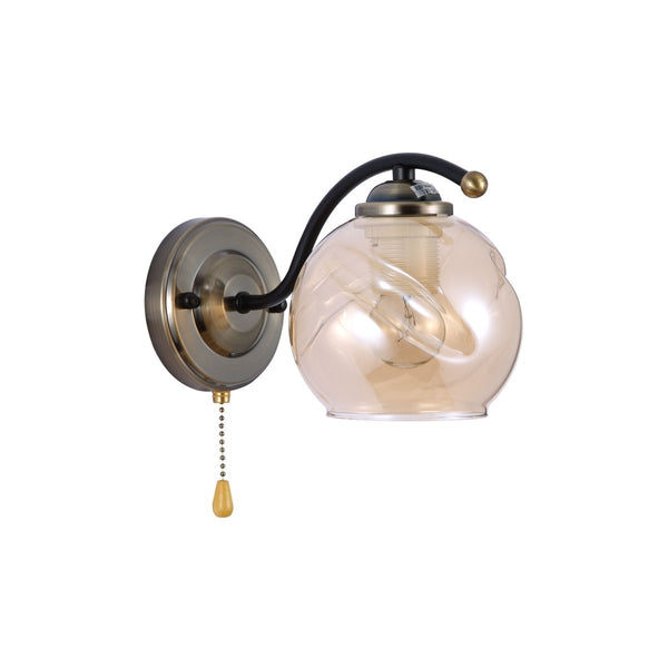 Amber Glass Black and Antique Brass Wall Light E27 Fitting and Pull Down Switch