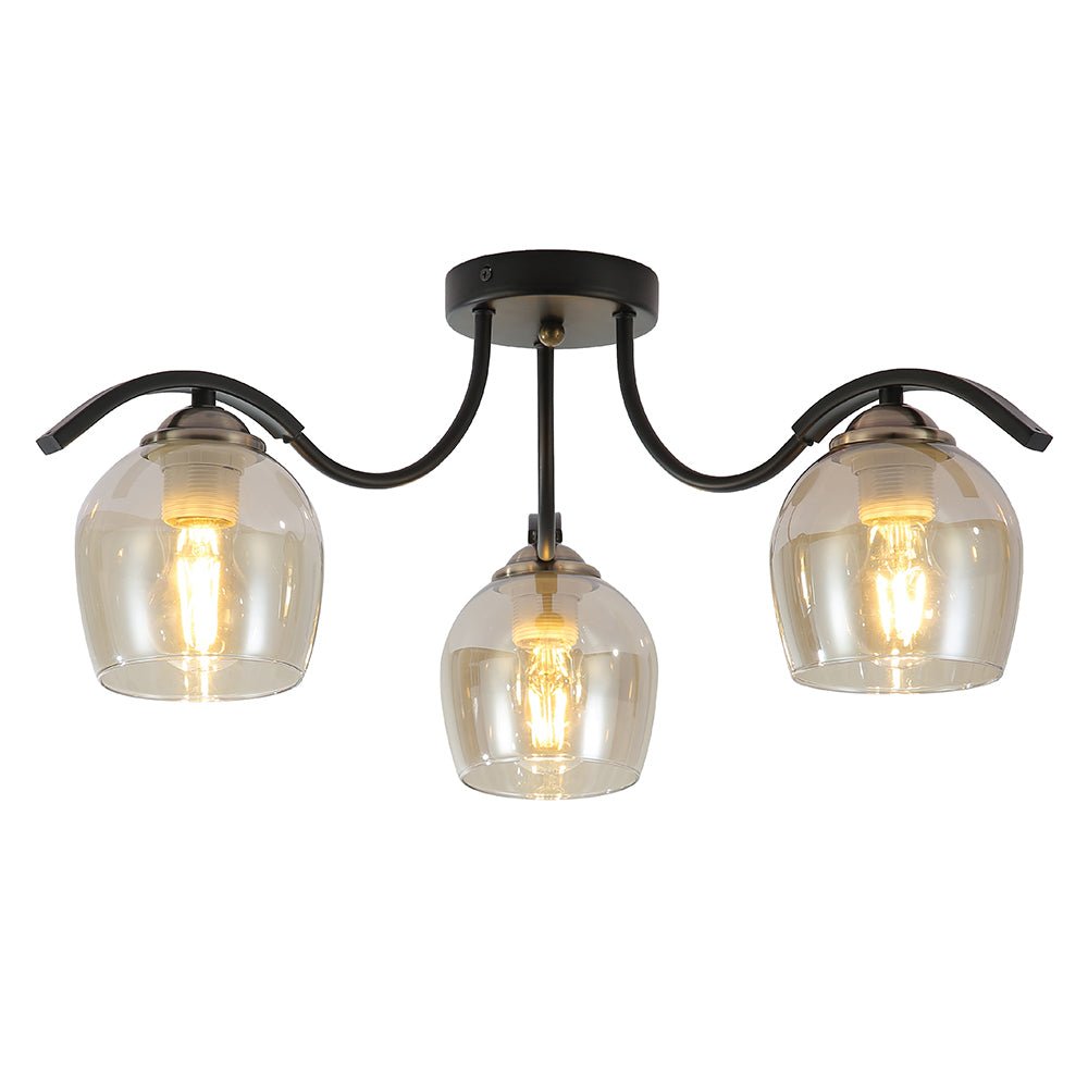 Amber Glass Black Semi-Flush Ceiling Light E27