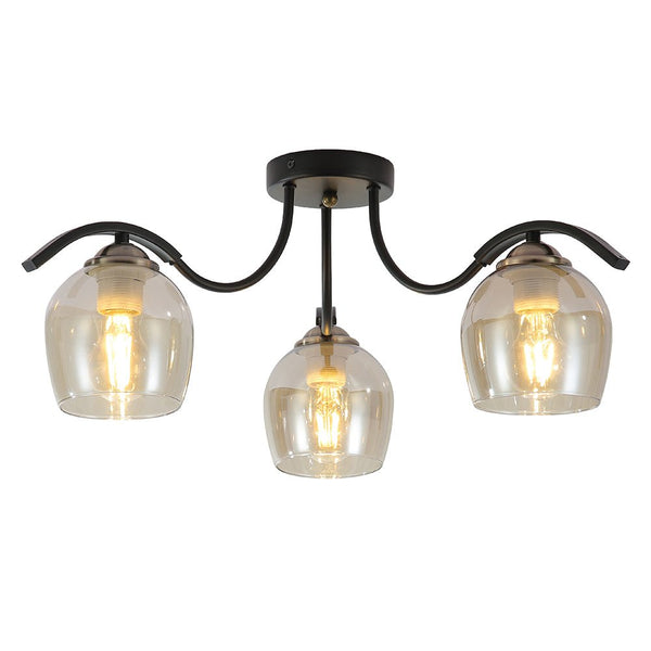 Amber Glass Black Semi-Flush Ceiling Light E27