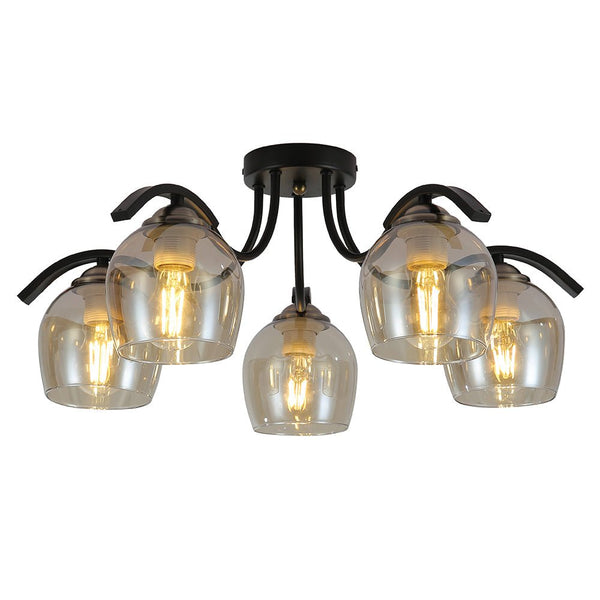 Amber Glass Black Semi-Flush Ceiling Light E27