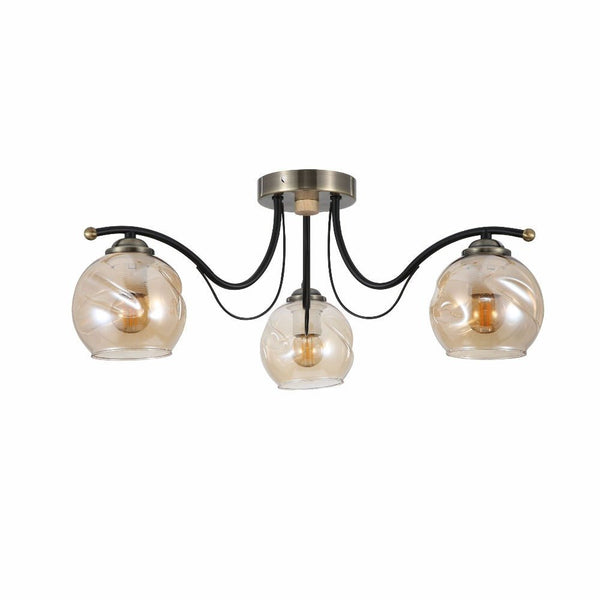 Amber Glass Dome Black and Antique Brass Metal Semi Flush Ceiling Light E27