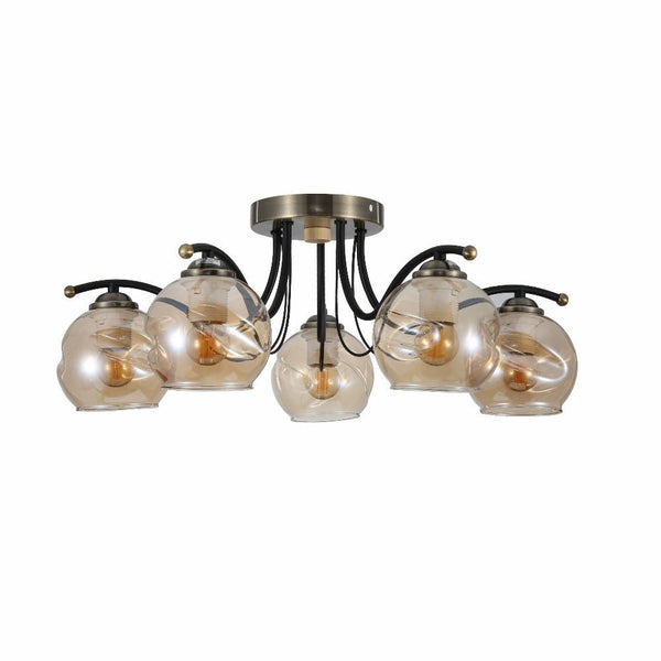 Amber Glass Dome Black and Antique Brass Metal Semi Flush Ceiling Light E27
