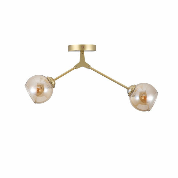 Amber Glass Dome Gold Aluminium Bronze Wishbone Semi Flush Ceiling Light E27