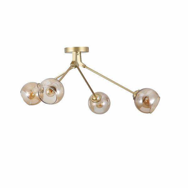 Amber Glass Dome Gold Aluminium Bronze Wishbone Semi Flush Ceiling Light E27