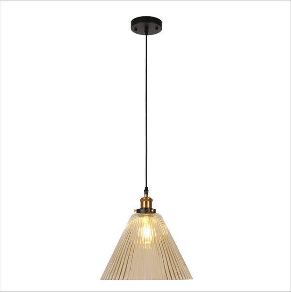 Amber Glass Cone Funnel Reeded Fluted Striped Pendant Ceiling Light E27