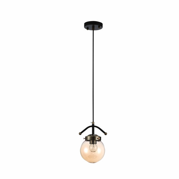 Amber Glass Globe Black and Antique Brass Pendant Ceiling Light E27