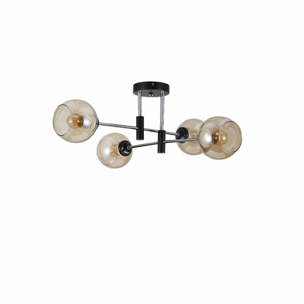 Amber Glass Globe Chrome and Black Metal Semi Flush Ceiling Light E27