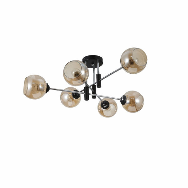 Amber Glass Globe Chrome and Black Metal Semi Flush Ceiling Light E27