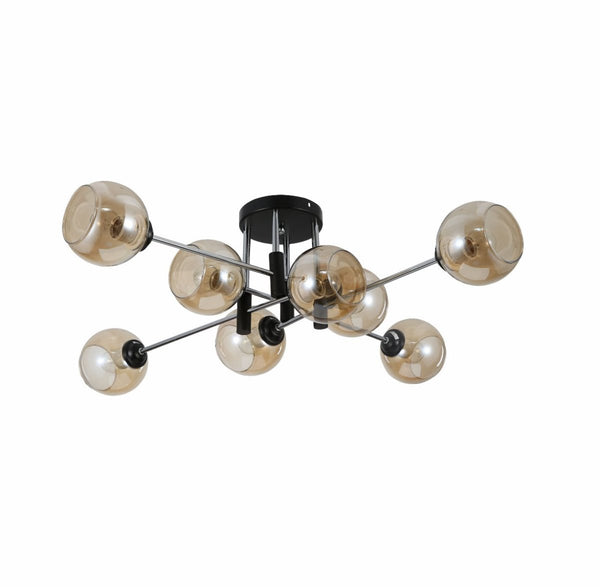 Amber Glass Globe Chrome and Black Metal Semi Flush Ceiling Light E27