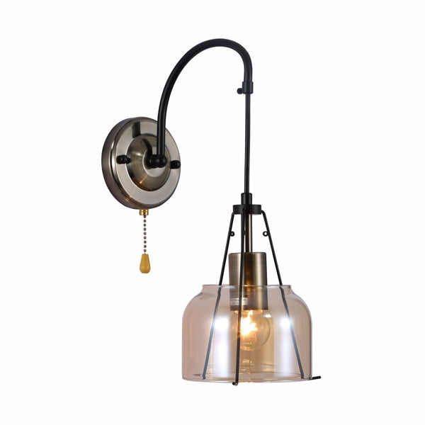 Industrial Dome Wall Light with Pull Switch and Amber Glass Shade