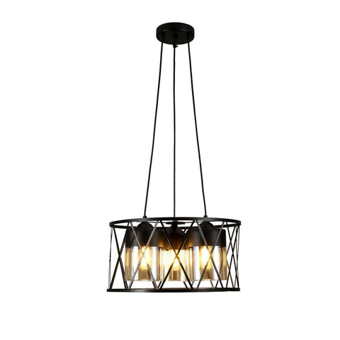 TEKLED Black Caged Metal Amber Cylinder Glass Chandelier Ceiling Light 3xE27