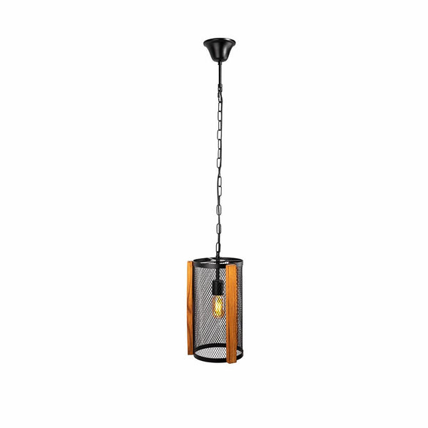 Black Metal Wood Cylinder Cage Pendant Ceiling Light E27
