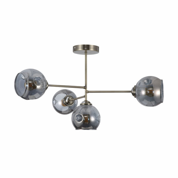 Smoky Glass Dome Antique Brass Semi Flush Ceiling Light