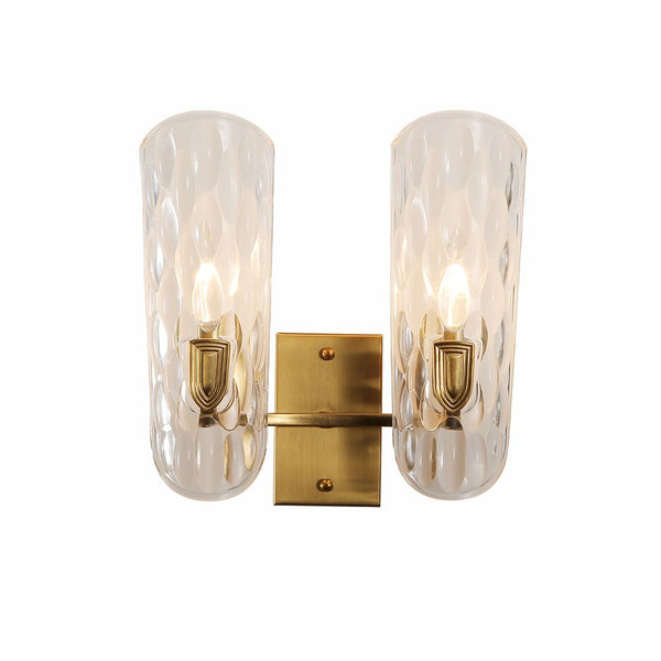 Brushed Brass Metal Clear Textured Glass Wall Light E14 Fitting