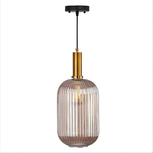 Sawyer Ribbed Fluted Reeded Maloto Lantern Amber Glass Pendant Ceiling Light E27 Gold Bronze Top