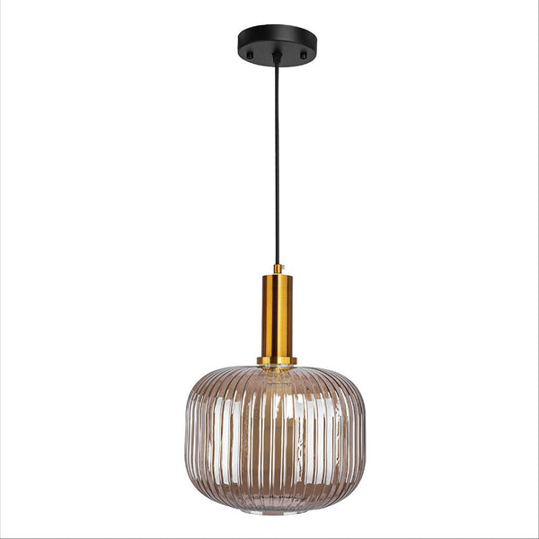 Sawyer Ribbed Fluted Reeded Maloto Lantern Amber Glass Pendant Ceiling Light E27 Gold Bronze Top