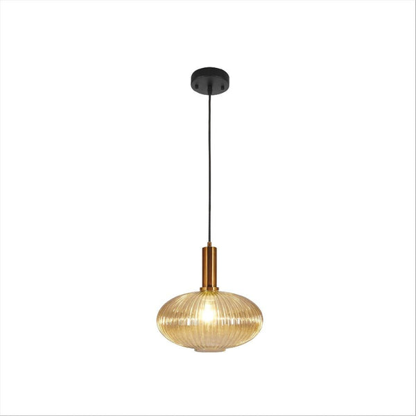 Sawyer Ribbed Fluted Reeded Maloto Lantern Amber Glass Pendant Ceiling Light E27 Gold Bronze Top