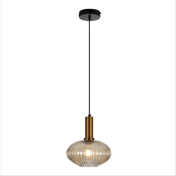 Sawyer Ribbed Fluted Reeded Maloto Lantern Amber Glass Pendant Ceiling Light E27 Gold Bronze Top