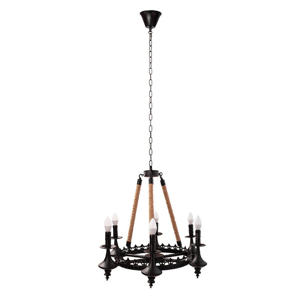 Farmhouse Rustic Matte Black Metal Hemp Rope Wagon Wheel Ceiling Chandelier Light