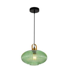 Sawyer Ribbed Fluted Reeded Maloto Lantern Green Glass Pendant Ceiling Light E27 Gold Handled